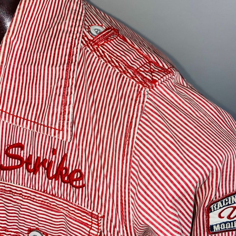 Strike Button Down Dragster Casual Dress Shirt Red Embroidery Patches - Picture 4 of 9